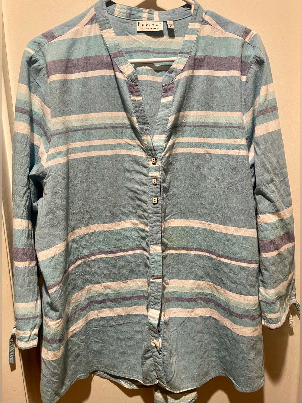 Habitat Clothes to Live In V-neck striped blouse in blues and white. XL